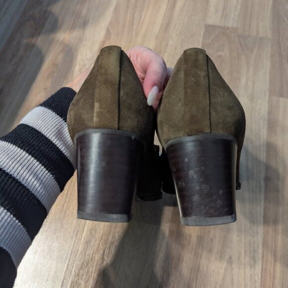 Stuart Weitzman Suede Tassel Heels | Olive Green | Loafer Style - Picture 4 of 11